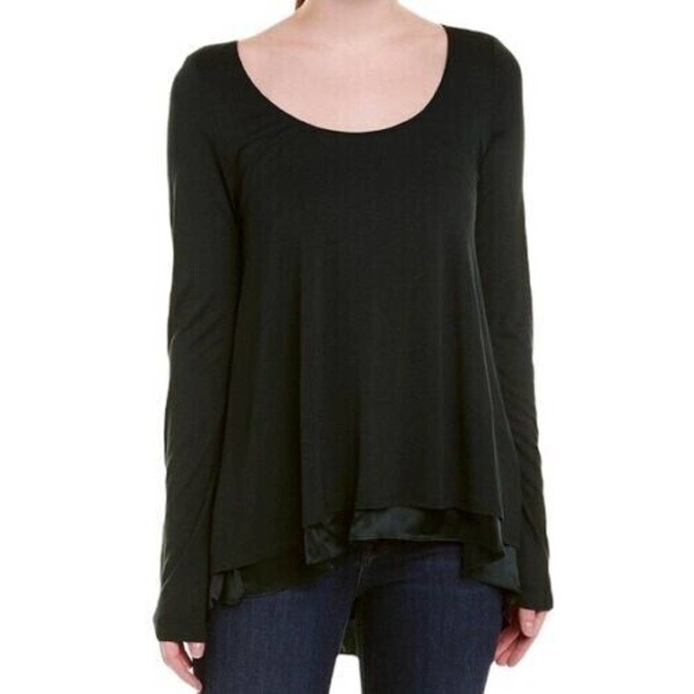 H by Bordeaux Satin Hem Knit Top Layered Long Sleeve Shirt Black Women's Size XS